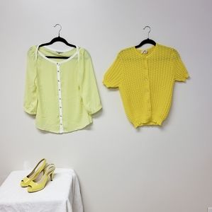 Yellow Diament knit sweater,  Rw&Co blouse, Call It Spring heels